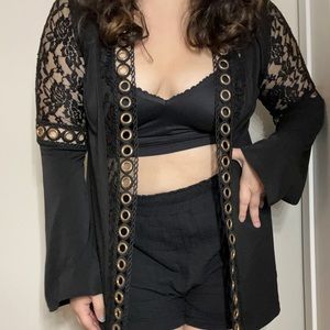90s STEVIE NICKS INSPIRED Cardigan. LACE BELL SLEEVES. Embellished cardigan.